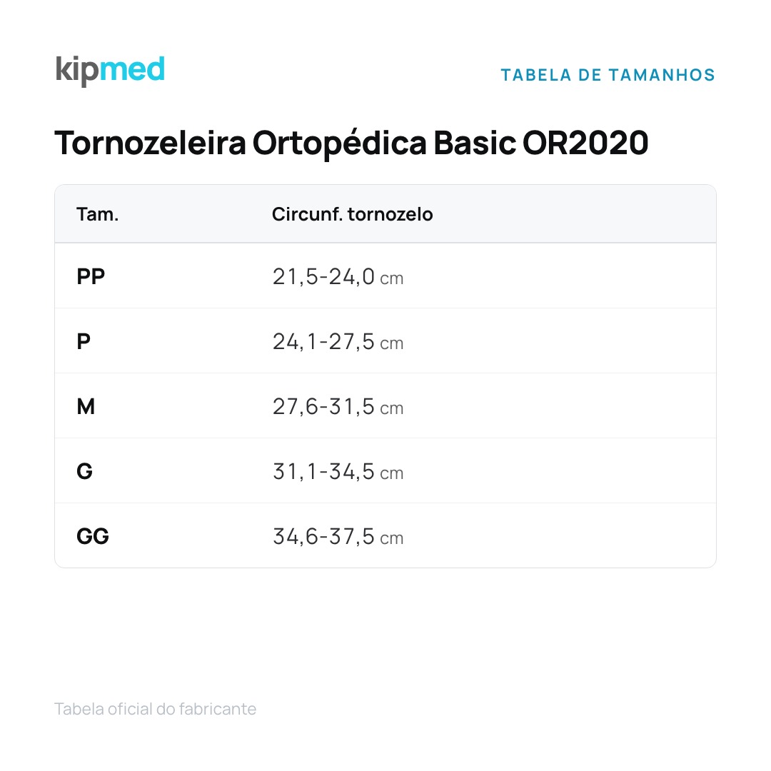 Foto 4: Tornozeleira Ortopédica Basic Hidrolight OR2020 — tabela de medidas