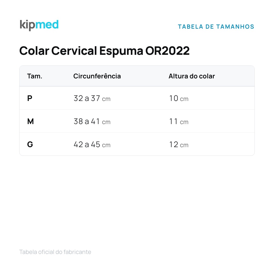 Foto 4: Colar Cervical Espuma Hidrolight OR2022 — tabela de medidas