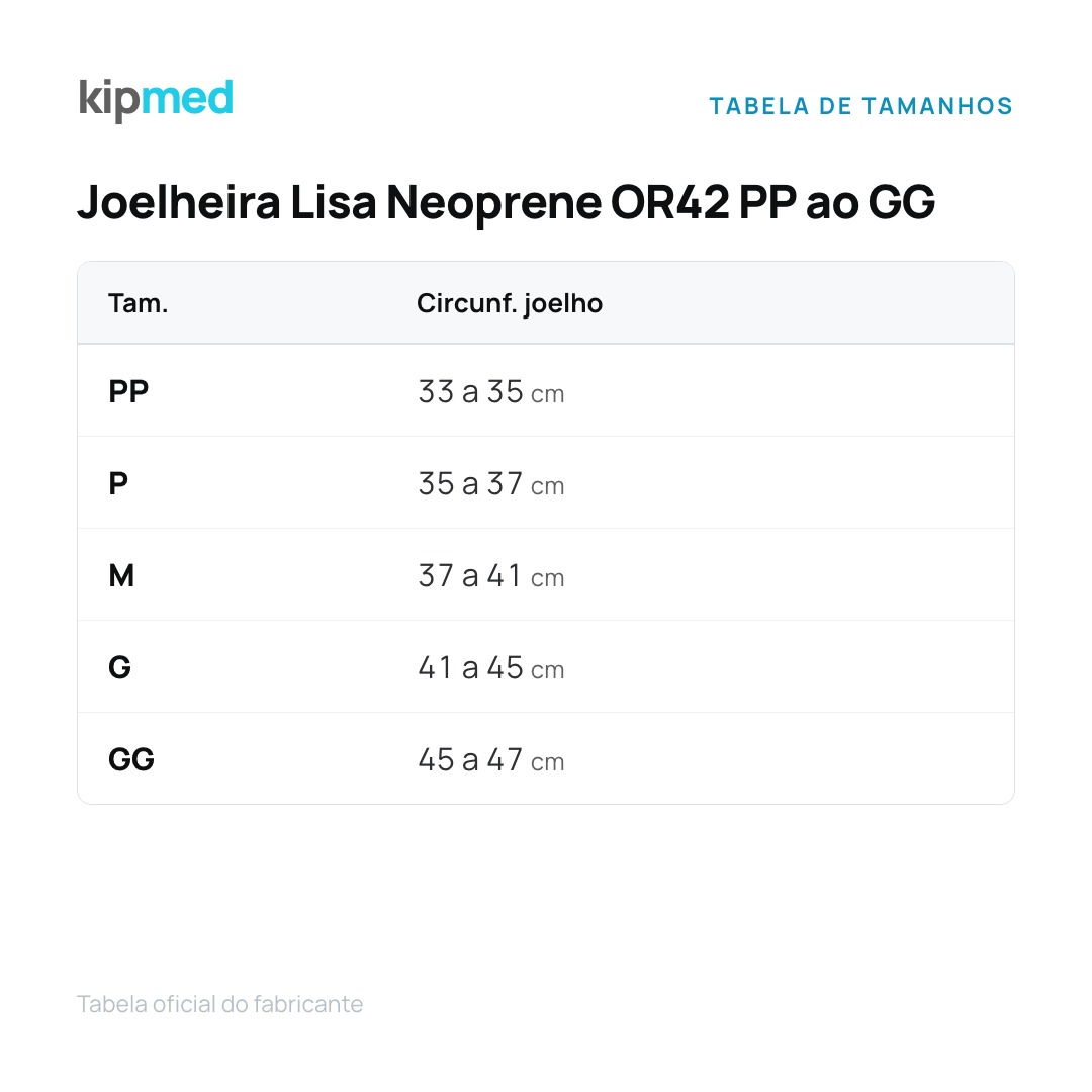 Foto 4: Joelheira Lisa Neoprene Hidrolight OR42 PP ao GG — tabela de medidas
