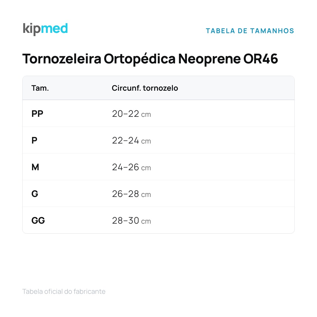 Foto 4: Tornozeleira Ortopédica Neoprene Hidrolight OR46 — tabela de medidas