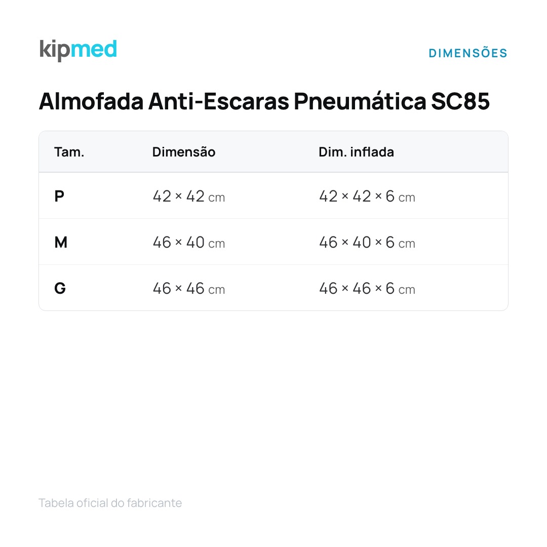 Foto 4: Almofada Anti-Escaras Pneumática Hidrolight SC85 — tabela de medidas